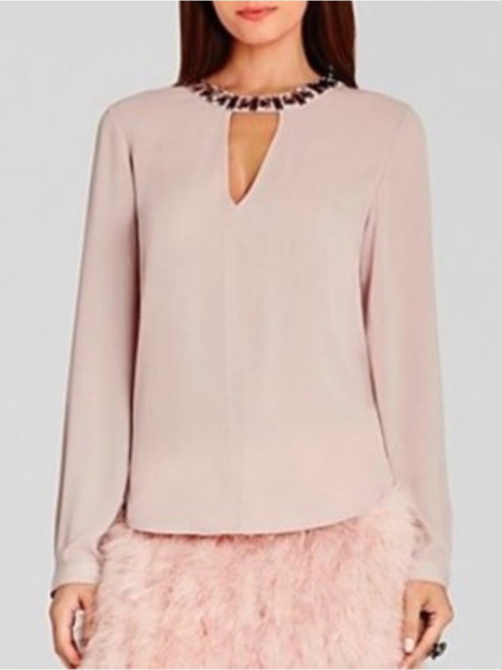 BCBGMaxAzria Frances Blush Jeweled-Neck Keyhole Long-Sleeve Blouse